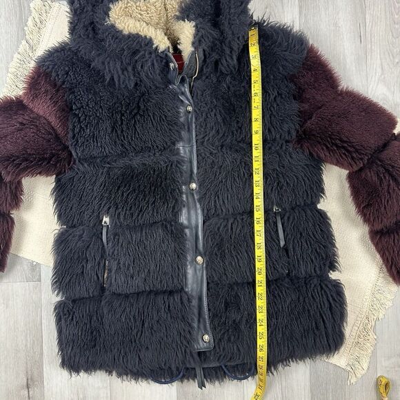 Rare Tommy Hilfiger Fur Coat Shearling Hooded Jacket Navy Burgundy Size 2 - Picture 8 of 12